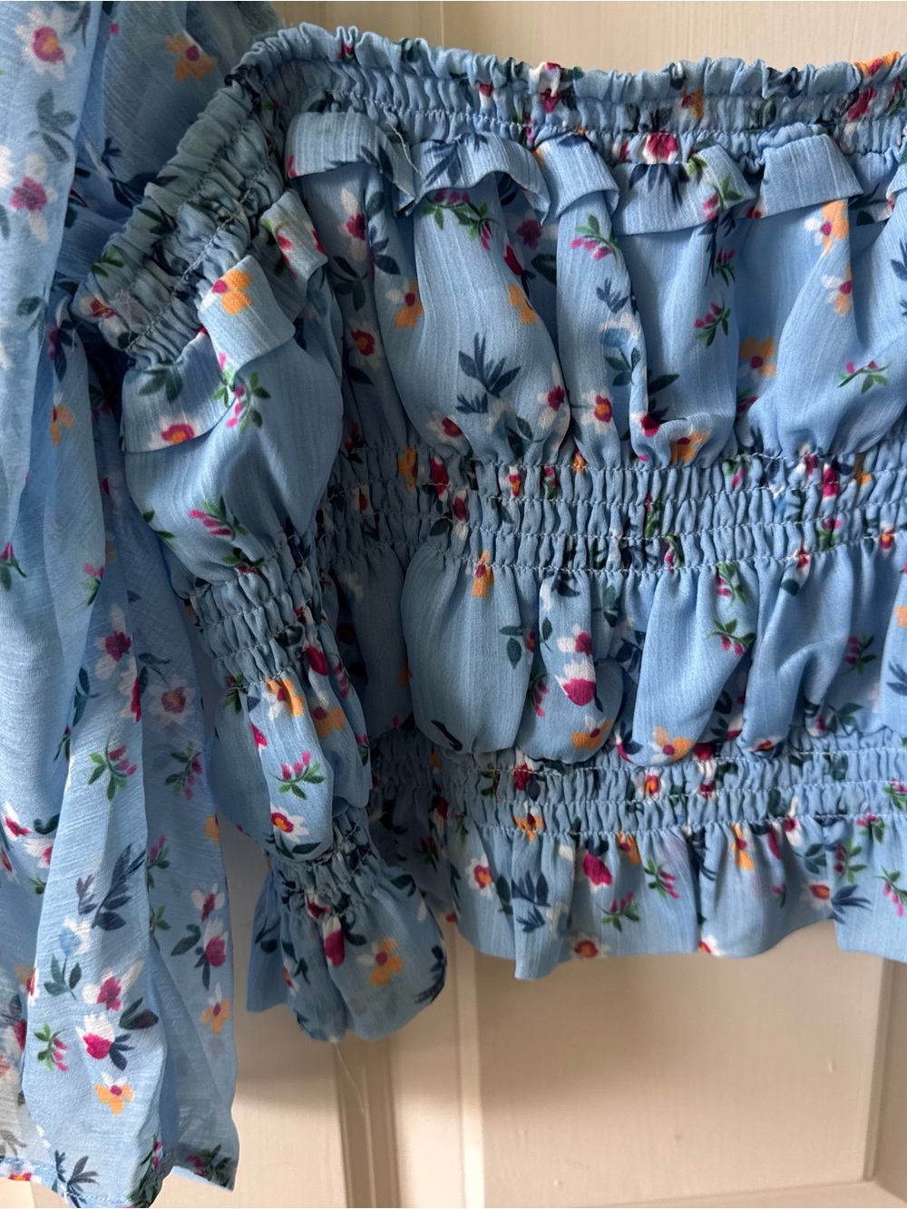 Tularosa Light Blue Floral Off-Shoulder Smocked Crop Top - Picture 3 of 6